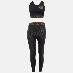 Fendi Black Monogram Print Jersey Leggings and Crop Top Set S