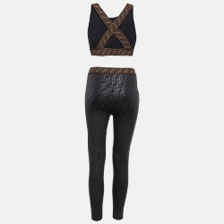 Fendi Black Monogram Print Jersey Leggings and Crop Top Set S