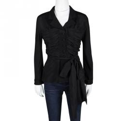 Pre Owned Fendi Black Silk Gathered Waist Tie Detail Long Sleeve Shirt M