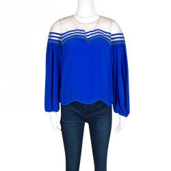 Pre Owned Fendi Blue Silk Tulle Illusion Long Sleeve Blouse M