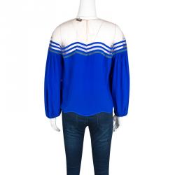 Pre Owned Fendi Blue Silk Tulle Illusion Long Sleeve Blouse M