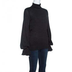 Pre Owned Fendi Grey Wool Armhole Cutout Detail Ruffled Cuff Sweater M