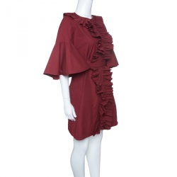 Pre Owned Fendi Red Ruffled Trim Flared Sleeve Belted Cocktail Dress S