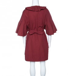 Pre Owned Fendi Red Ruffled Trim Flared Sleeve Belted Cocktail Dress S