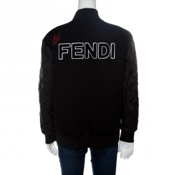 Fendi Karlito Black Logo Applique Detail Quilted Down Bomber Jacket S
