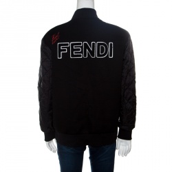 Pre Owned Fendi Karlito Black Logo Applique Detail Quilted Down Bomber Jacket S