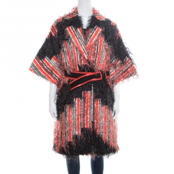 Fendi Orange and Black Striped Faux Ostrich Feather Belted Coat S