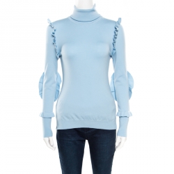 Pre Owned Fendi Powder Blue Cashmere Ruffled Elbow Patch Detail Turtleneck Pullover S