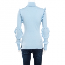 Pre Owned Fendi Powder Blue Cashmere Ruffled Elbow Patch Detail Turtleneck Pullover S