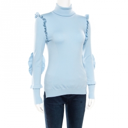 Pre Owned Fendi Powder Blue Cashmere Ruffled Elbow Patch Detail Turtleneck Pullover S