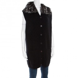 Pre Owned Fendi Black Tonal Chevron Patterned Cashmere Fox Fur Trim Cardigan M