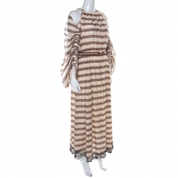 Pre Owned Fendi Beige Striped Cotton & Silk Blend Billowing Sleeves Dress M