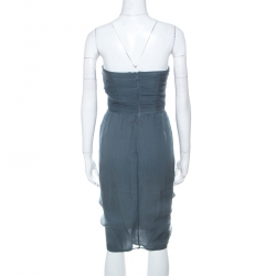 Pre Owned Fendi Grey-Teal Chiffon Corset Bodice Ruched & Draped Short Strapless Dress S