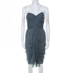 Pre Owned Fendi Grey-Teal Chiffon Corset Bodice Ruched & Draped Short Strapless Dress S
