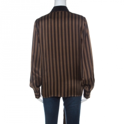 Pre Owned Fendi Brown & Black Penquin Striped Satin Tie Neck Detail Shirt M