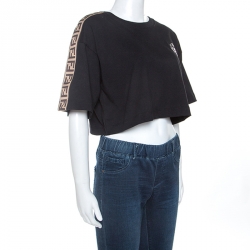 Pre Owned Fendi Black Cotton Logo Panel Crop Top S