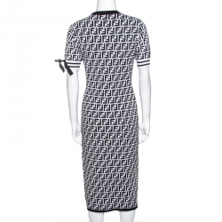 Pre Owned Fendi Monochrome Zucca Monogram Print Stretch Knit Short Sleeve Dress M
