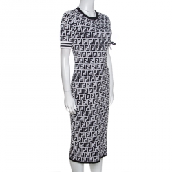 Pre Owned Fendi Monochrome Zucca Monogram Print Stretch Knit Short Sleeve Dress M