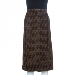 Pre Owned Fendi Brown Logo Print Knit Pencil Skirt M