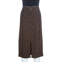 Pre Owned Fendi Brown Logo Print Knit Pencil Skirt M