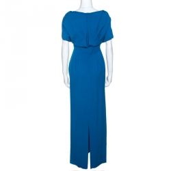 Pre Owned Fendi Blue Wool Blend Crepe Raw Edge Detail Maxi Dress M