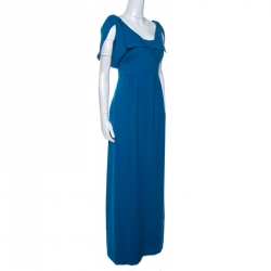 Pre Owned Fendi Blue Wool Blend Crepe Raw Edge Detail Maxi Dress M