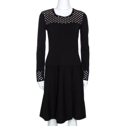 Pre Owned Fendi Black Stretch Knit Laser Cut Detail Flared Dress M
