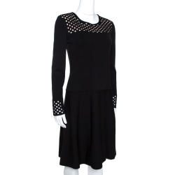 Pre Owned Fendi Black Stretch Knit Laser Cut Detail Flared Dress M