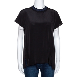Pre Owned Fendi Black Silk Ribbed Zucca Detail Top S