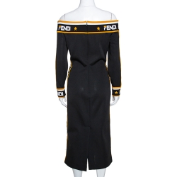 Pre Owned Fendi Black Stretch Knit Logo Trimmed Off Shoulder Midi Dress M