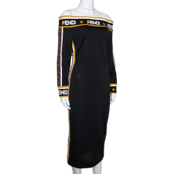 Pre Owned Fendi Black Stretch Knit Logo Trimmed Off Shoulder Midi Dress M