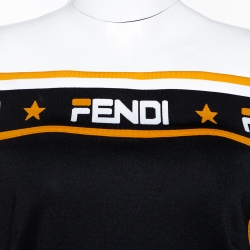 Pre Owned Fendi Black Stretch Knit Logo Trimmed Off Shoulder Midi Dress M