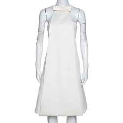 Pre Owned Fendi Off White Textured Cotton Silk Bow Detail Halter Dress M