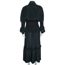 Pre Owned Fendi Dark Green & Black Silk Wavy Print Midi Dress M
