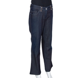 Pre Owned Fendi Indigo Denim & Leather Trim Straight Leg Jeans L