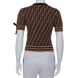 Pre Owned Fendi Brown Zucca Monogram Knit Tie Detail Crewneck Jumper S 