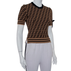 Pre Owned Fendi Brown Zucca Monogram Knit Tie Detail Crewneck Jumper S 
