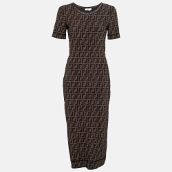 Pre Owned Fendi Brown Zucca Print Mesh Midi Dress S