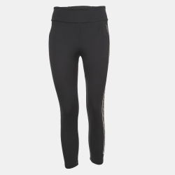 Pre Owned Fendi Black Logo Print Stretch Knit High Waist Leggings M
