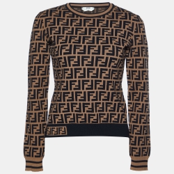Pre Owned Fendi Brown Monogram Knit Crew Neck Sweater S