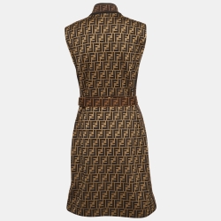 Pre Owned Fendi Brown Monogram Patterned Jersey Belted Mini Dress L