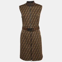 Pre Owned Fendi Brown Monogram Patterned Jersey Belted Mini Dress L