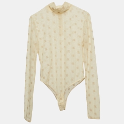 Pre Owned Fendi Beige FF Embroidered Mesh Bodysuit S