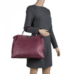 Pre Owned Fendi Burgundy Leather Large Peekaboo Top Handle Bag