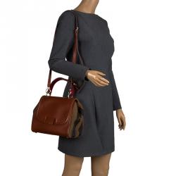 Pre Owned Fendi Copper/Tobacco Leather and Pequin Canvas Silvana Top Handle Bag