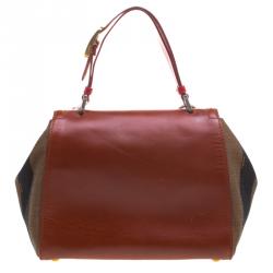 Pre Owned Fendi Copper/Tobacco Leather and Pequin Canvas Silvana Top Handle Bag