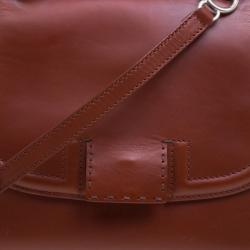 Pre Owned Fendi Copper/Tobacco Leather and Pequin Canvas Silvana Top Handle Bag