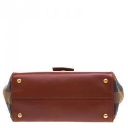 Pre Owned Fendi Copper/Tobacco Leather and Pequin Canvas Silvana Top Handle Bag