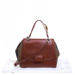 Pre Owned Fendi Copper/Tobacco Leather and Pequin Canvas Silvana Top Handle Bag