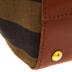 Pre Owned Fendi Copper/Tobacco Leather and Pequin Canvas Silvana Top Handle Bag